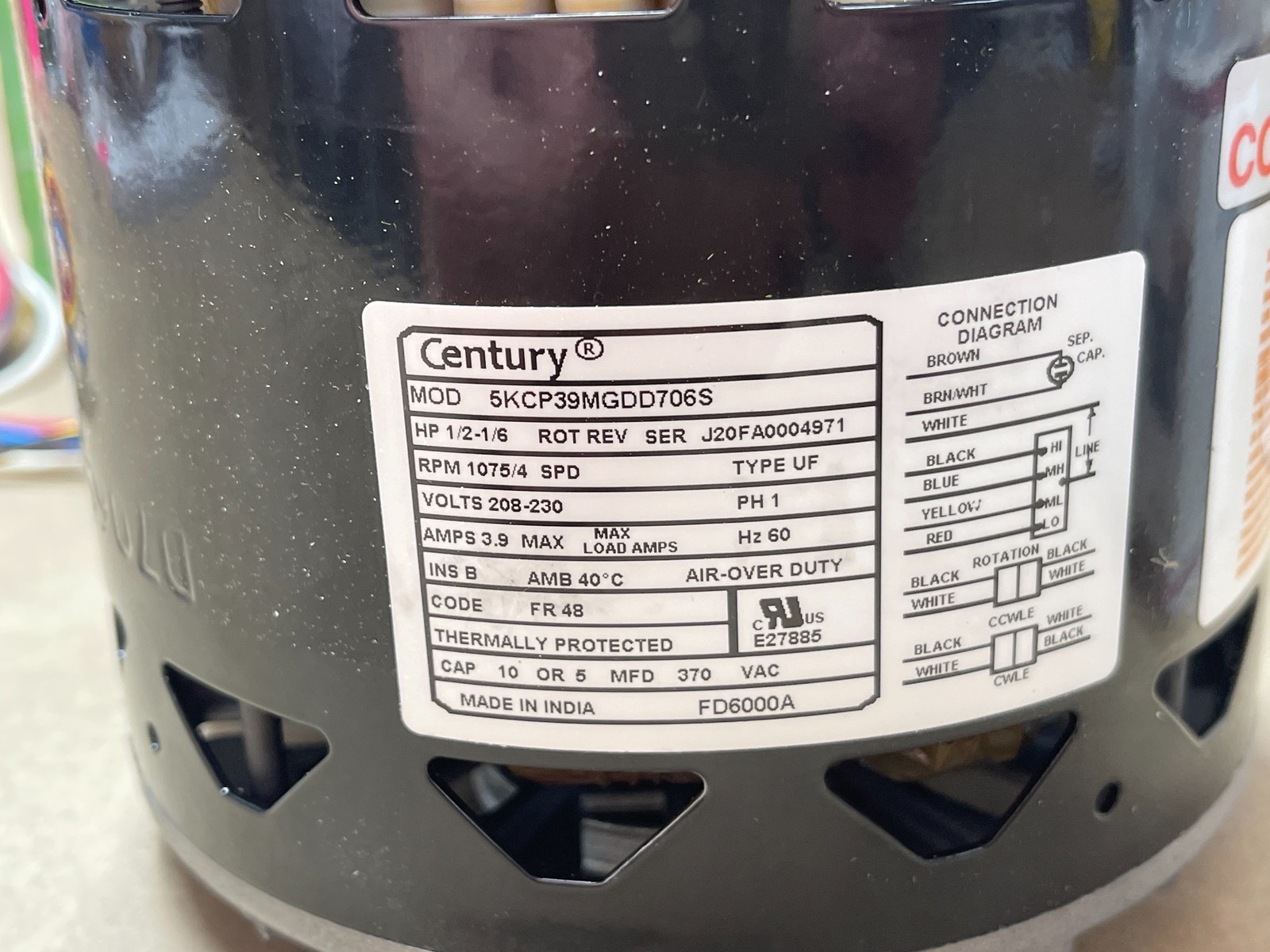 Century FD6000A PSC Indoor Blower Motor 1/2-1/6HP 1075RPM 208-230V 3.9A 48 Frame