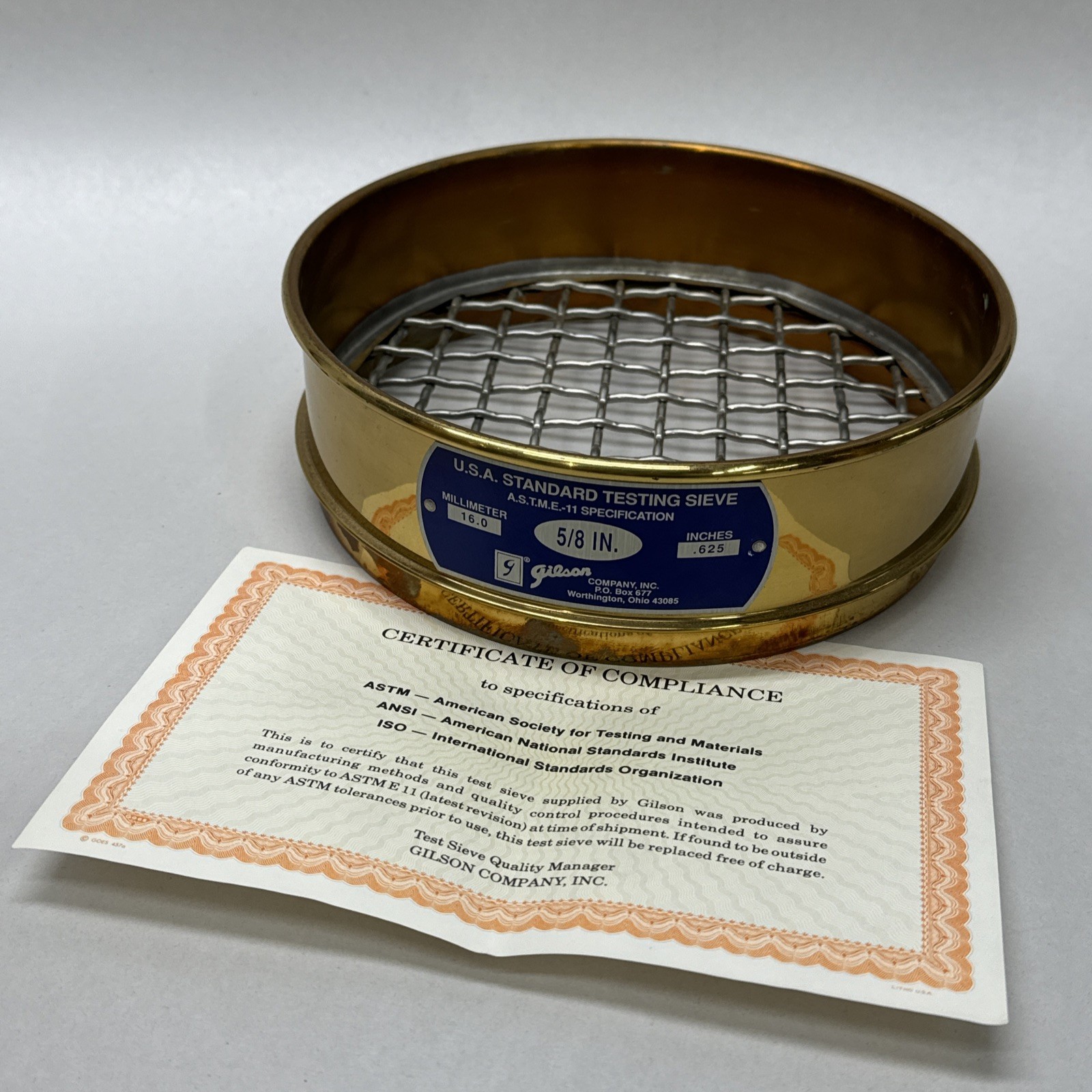 NEW Gilson 8” Brass 0.625″ USA Standard Testing Sieve 16mm / 0.625” ASTM 5/8in