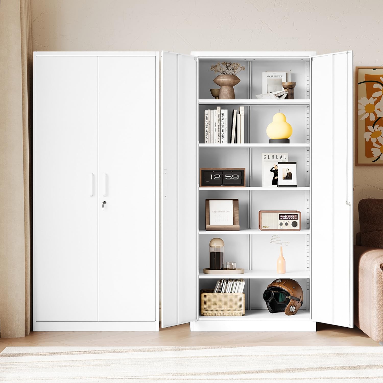 White Metal Storage Cabinet Lock 71″ 5 Adjustable Shelves Pantry Home Office