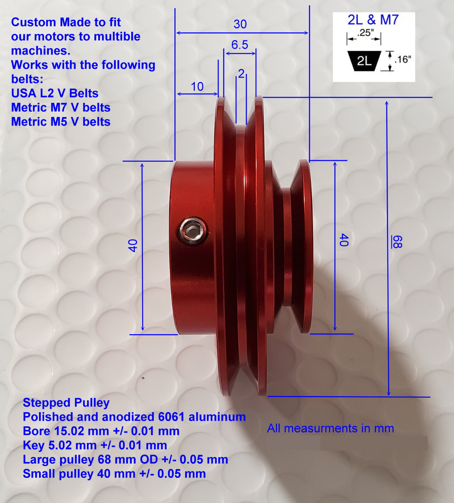 2L Pulley Stepped 15 mm bore 5 mm key fits USA 2L belts + Metric M7 & M5 V belt