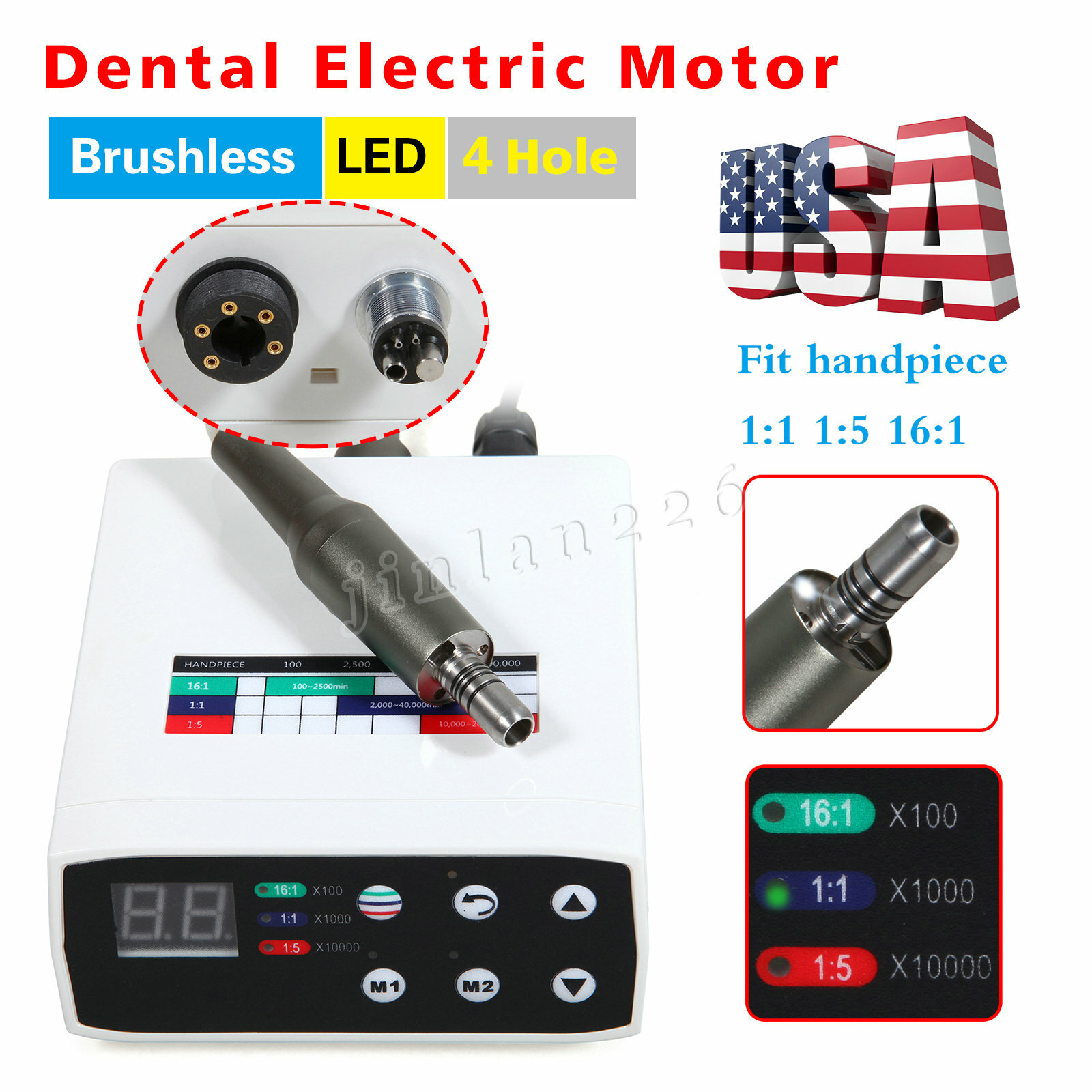 NSK Style Dental Brushless LED Electric Micro Motor/1:5 Increasing Handpiece USA