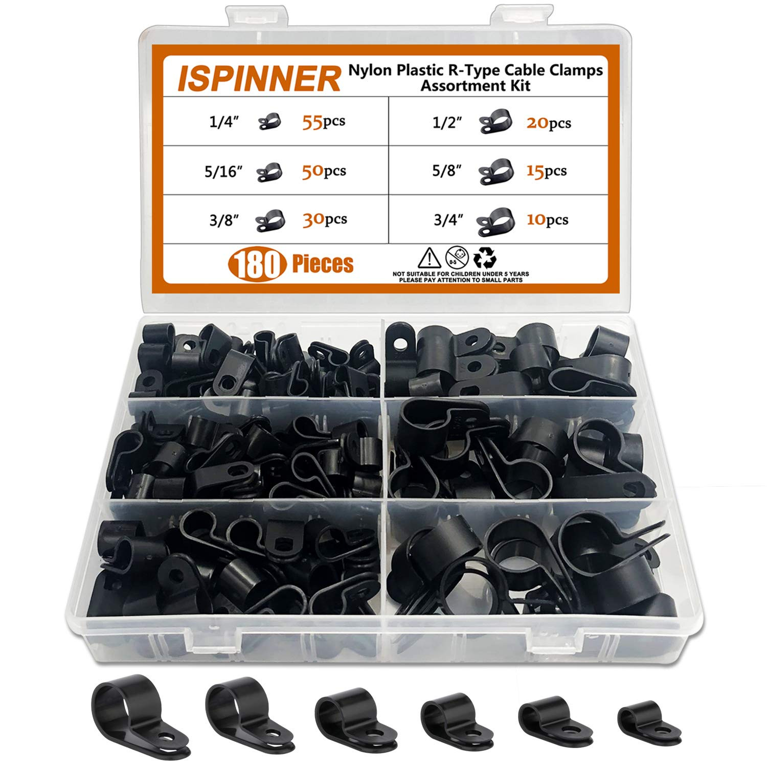ISPINNER 180Pcs Nylon Plastic R-Type Cable Clamps, 1/4″ 5/16″ 3/8″ 1/2″ 5/8″ 3/4