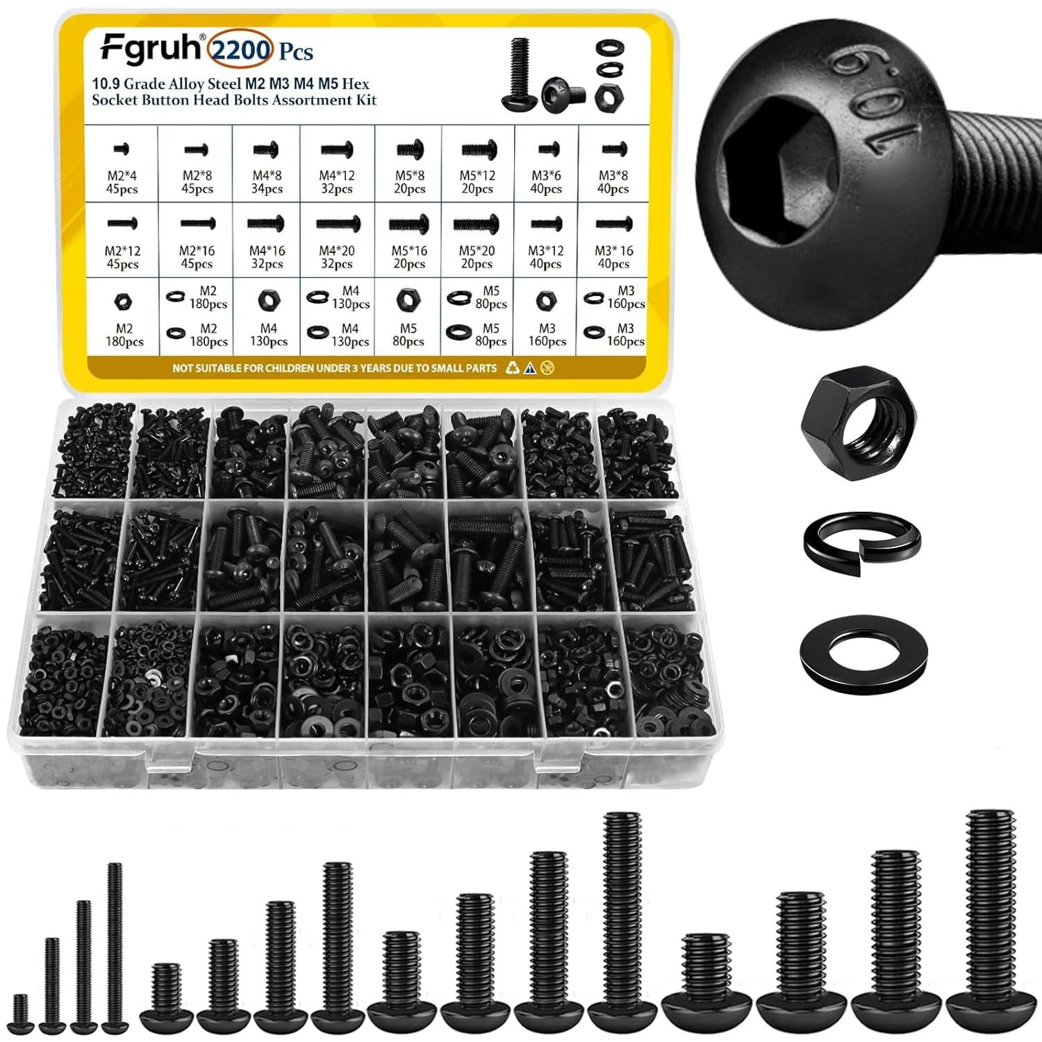 2200Pcs M2 M3 M4 M5 Metric Screws Assortment Kit Hex Socket Button Head Assorted