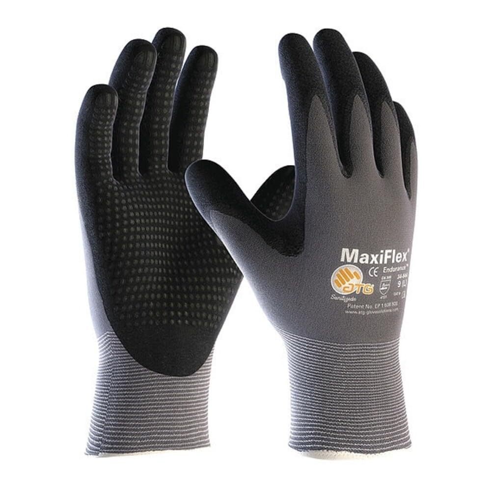 ATG Pip Coated Gloves, Foam Nitrile, Dotted, Palm, 3 Abrasion Level, Gray/Bla…