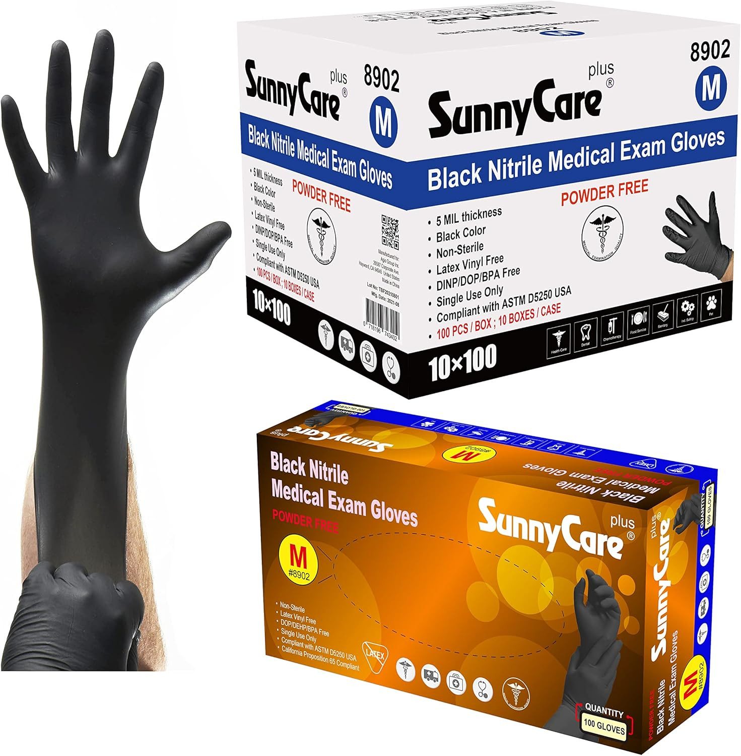 Sunnycare 5.0 Mil 8902 Black Nitrile Medical Exam Gloves Powder Free Size: Mediu