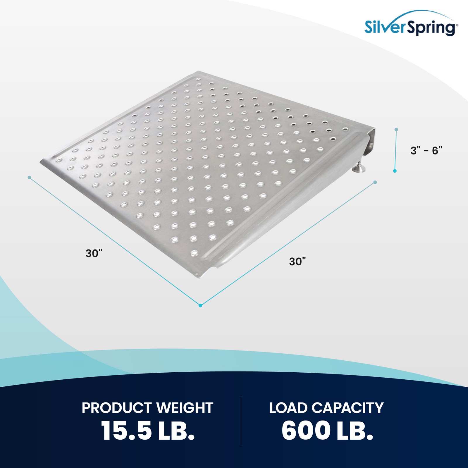 Silver Spring 30 Inch Adjustable Aluminum Wheelchair Door Threshold Ramp, Silver