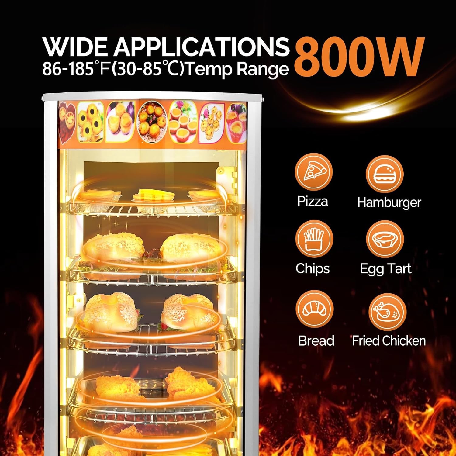 5-Tiers Commercial Food Warmer Display, 800W Pizza, Bread Display Warmer w/Light