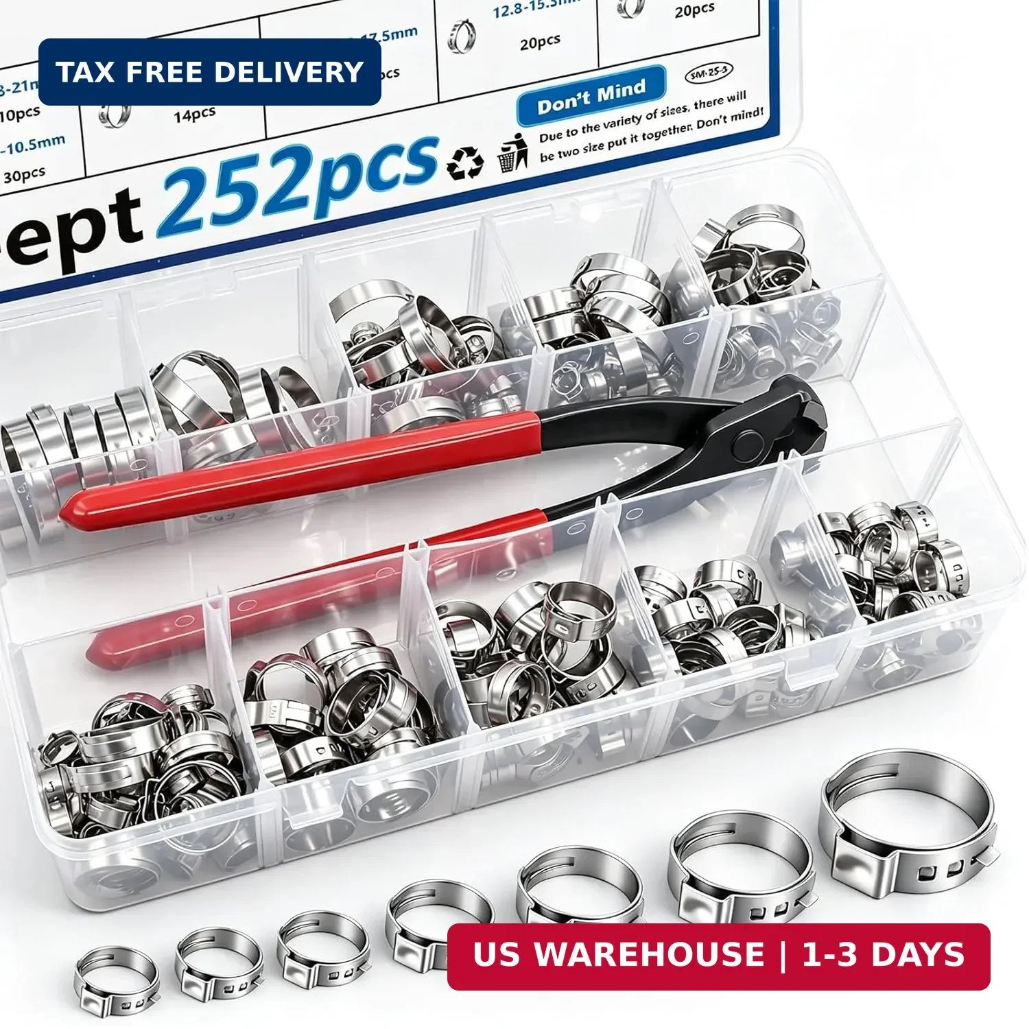 252Pcs 14-Sizes 304 Stainless Steel Single Ear Hose Clamps with Ear clamp plier