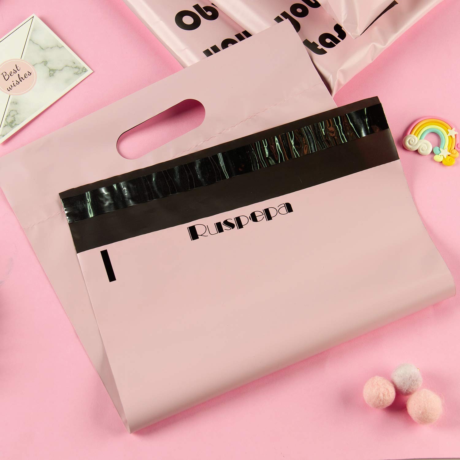 50 Pack 10×13 Inch Pink Poly Mailers With Handle 3 Mil Shipping Bags