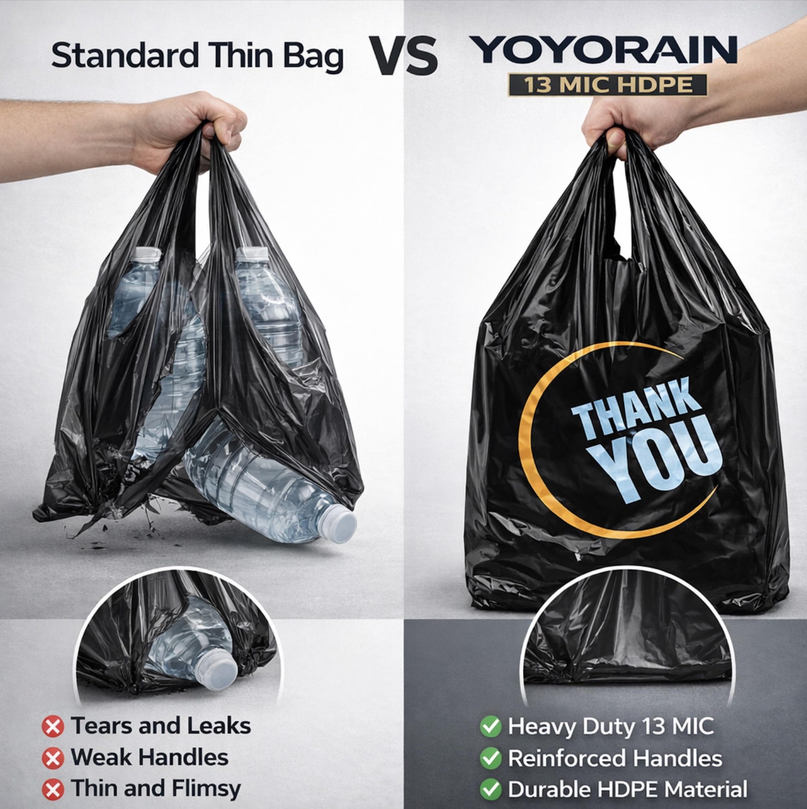 YoYoRain 100 Count Plastic Bags Black T Shirt Bags with Handle for Retail Sh…
