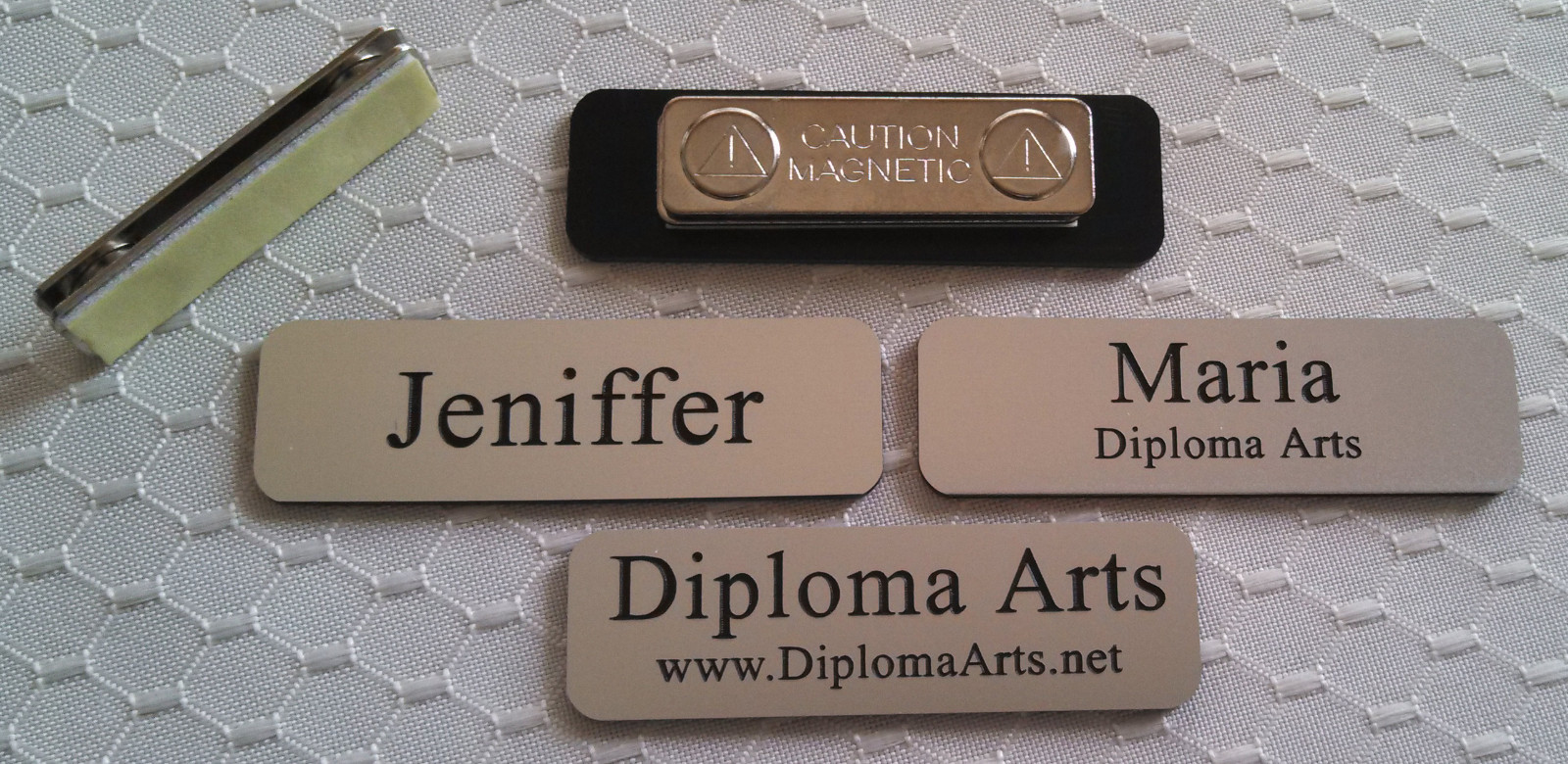 Custom Name Tags 2.5″x0.75″ Silver -Black letters Corners Rounded w/ magnet