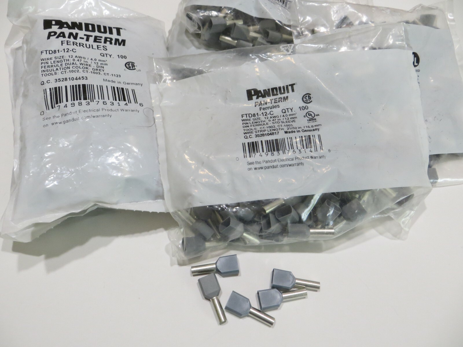 100 PACK PANDUIT – FTD81-12-C TERMINAL WIRE FERRULE 12AWG GREY