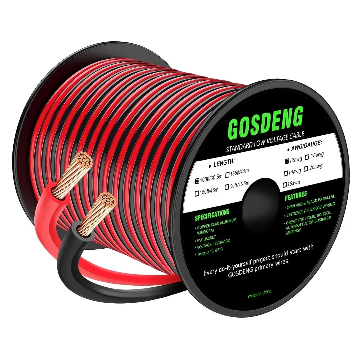 12 Gauge Wire 100FT, 2 Conductor Electrical Cable – Red and Black, Low Voltage