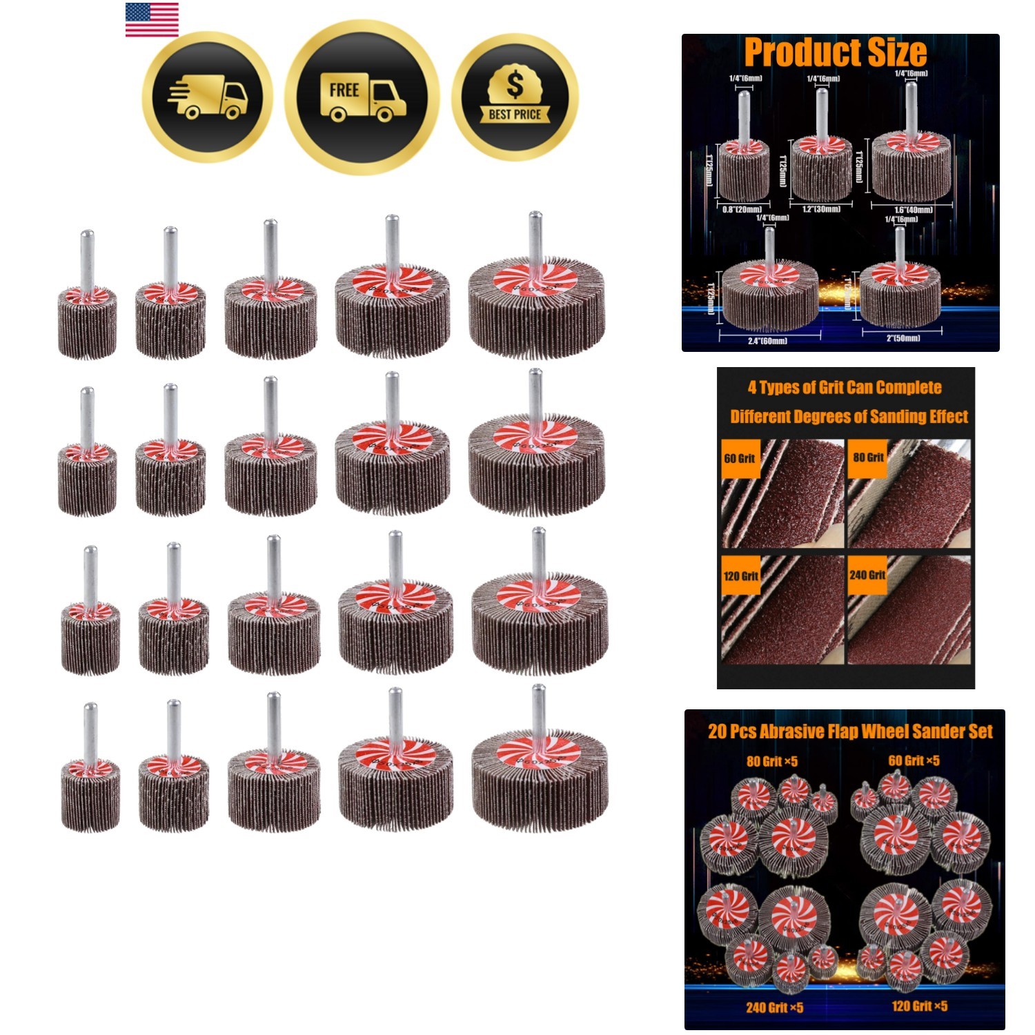 20 Pcs 5 Sizes 60/80/120/240 Grits Abrasive Flap Wheel Sander, 1/4 Inch Shank…