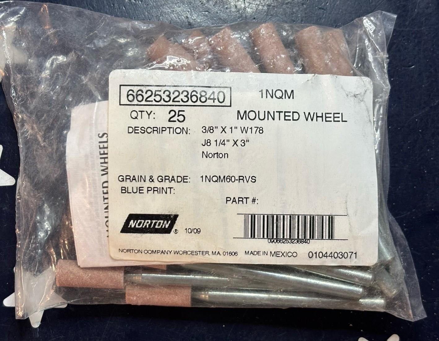 NORTON 3/8″ X 1″ W178, J8 1/4″ X 3″ ALUMINUM OXIDE MOUNTED WHEEL 25 Stones