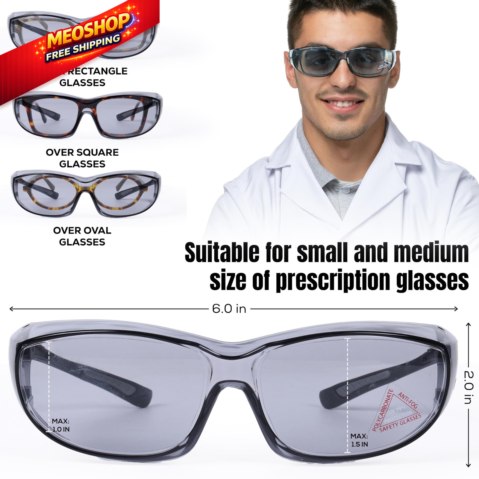 BISON LIFE PrimeX Anti-Fog Safety Glasses Over Eyeglasses with OSFM, Gray