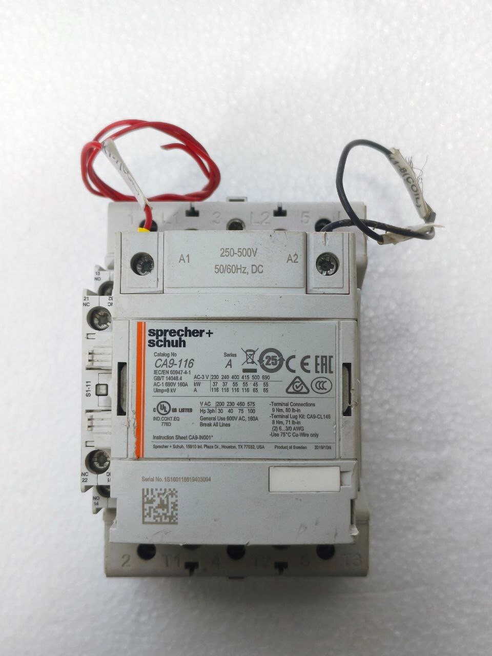 SPRECHER+SCHUH CA9-116 250-500VDC 3POLE 160A SERIES A CONTACTOR AUX.CA9-S1-11