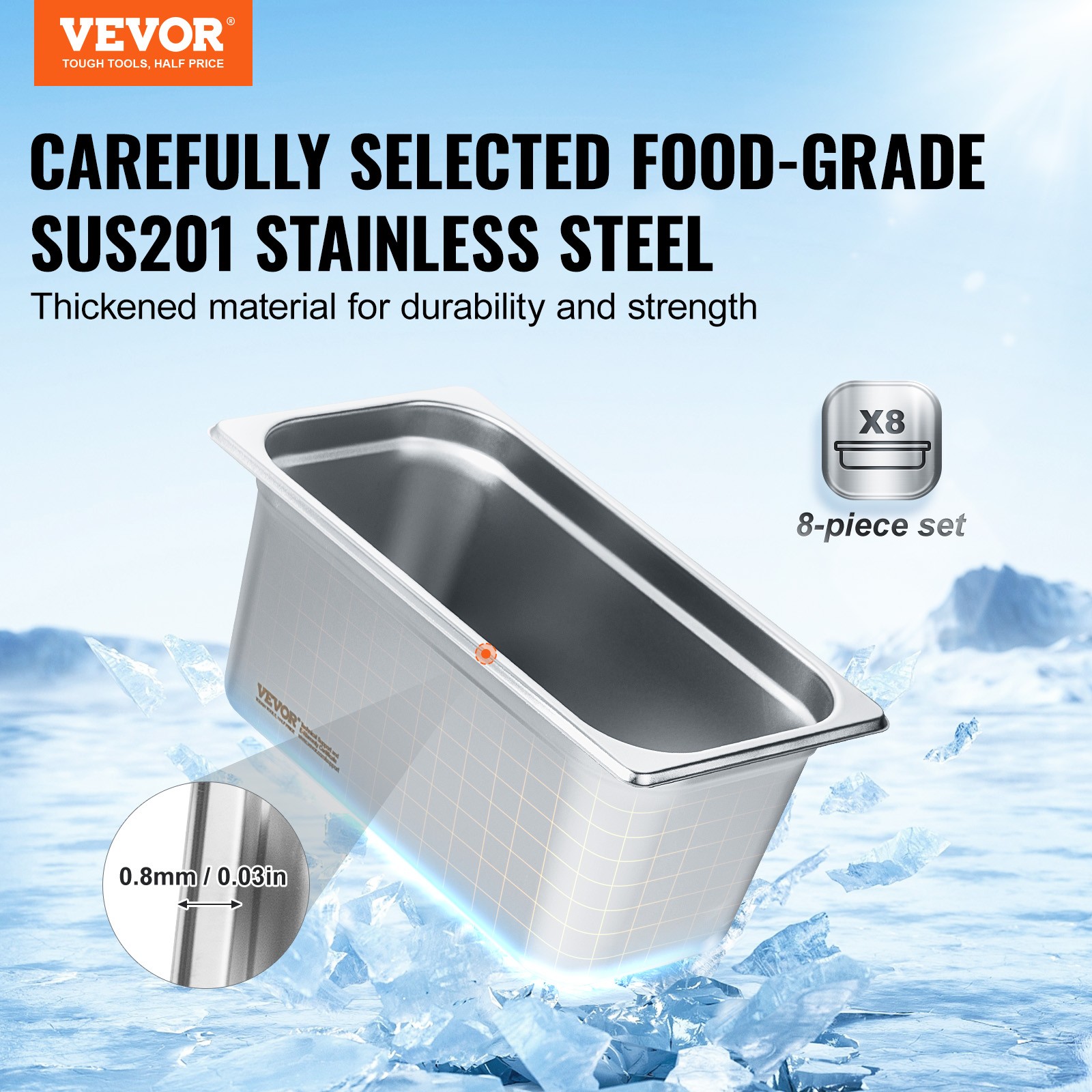 VEVOR 8 Pack 1/3 Size Hotel Pans Steam Table Pan Stainless Steel 6″ Deep Lid