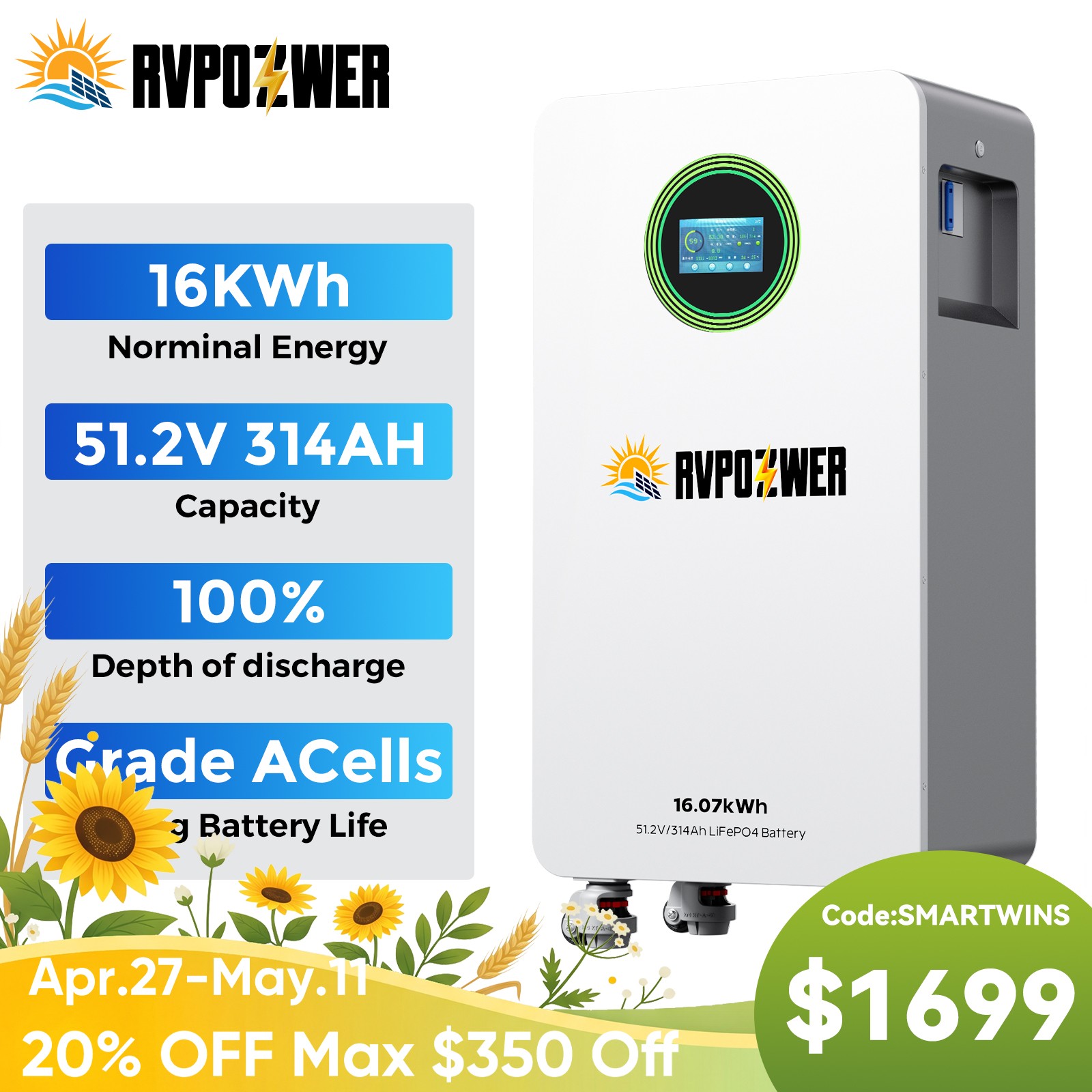 48V 314AH 16.07kWh Lithium Battery LiFePO4 Vertical Standing RV Solar Backup UPS