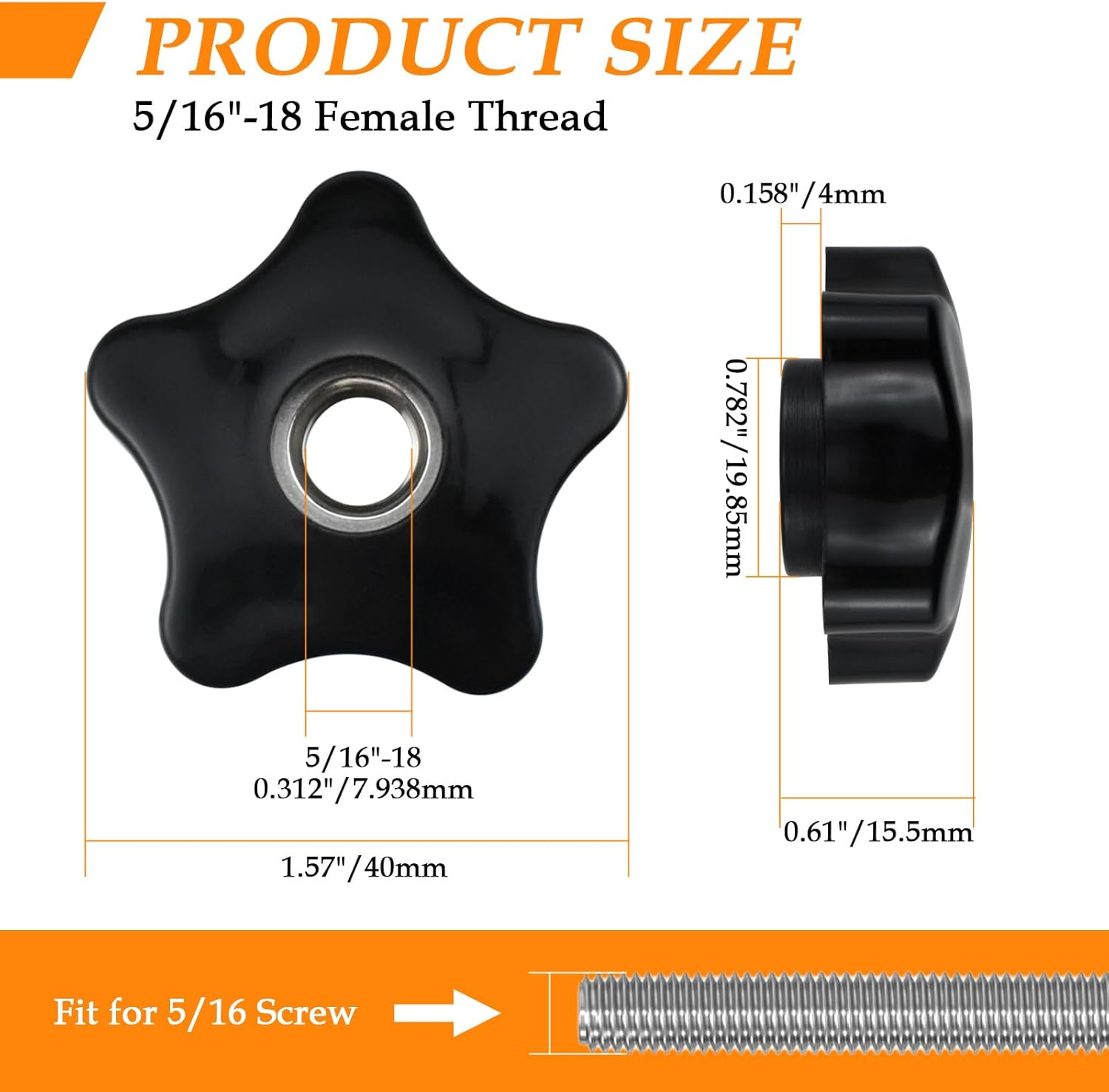 Aifeier ET 4 Pcs 5/16-18 Female Thread Knob Black Nylon 5 Star Shaped Head Clamp