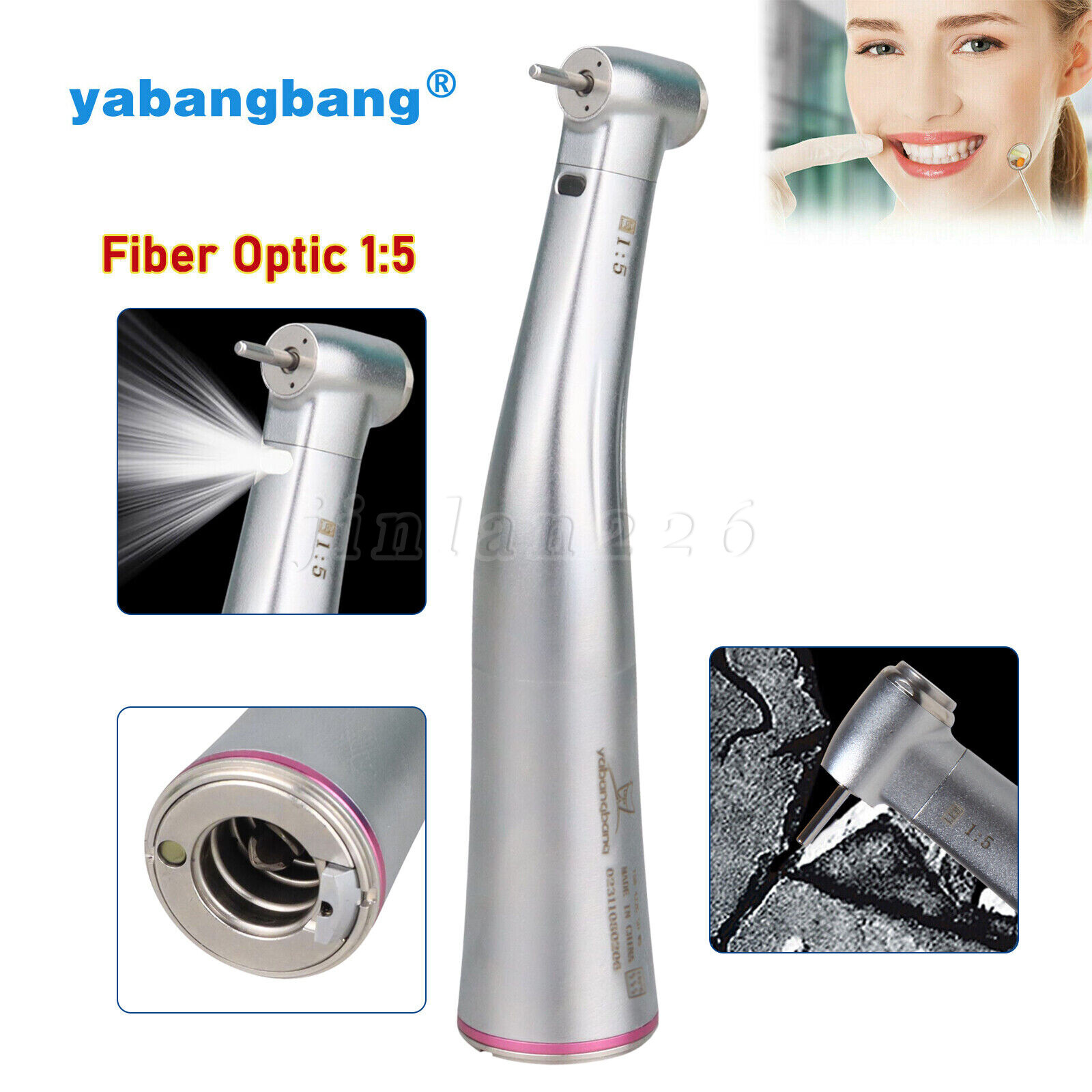 Dental Attachment Handpiece 1:5 Friction Grip Fiber Optic LED Contra Angle Red