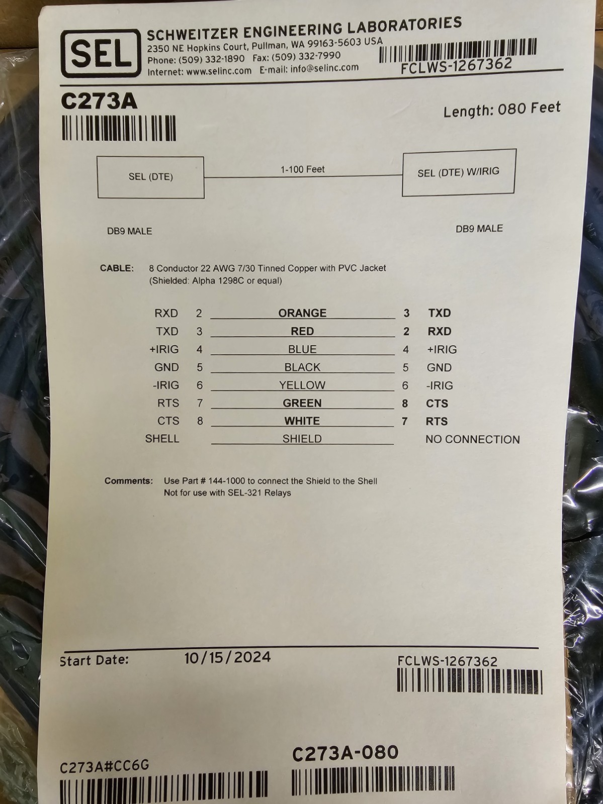 Schweitzer SEL C273A DTE Data Cable DB9 Male/DB9 Male – 80 ft