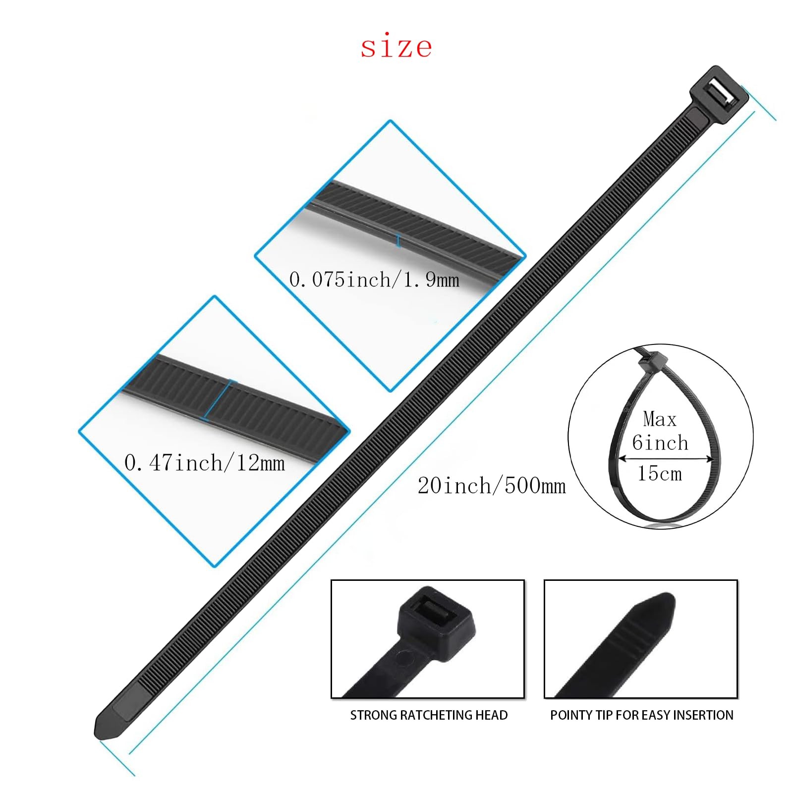 20 Inch Extra Large Zip Ties Heavy Duty for Outdoor Use,250 Pounds Tensile Stren