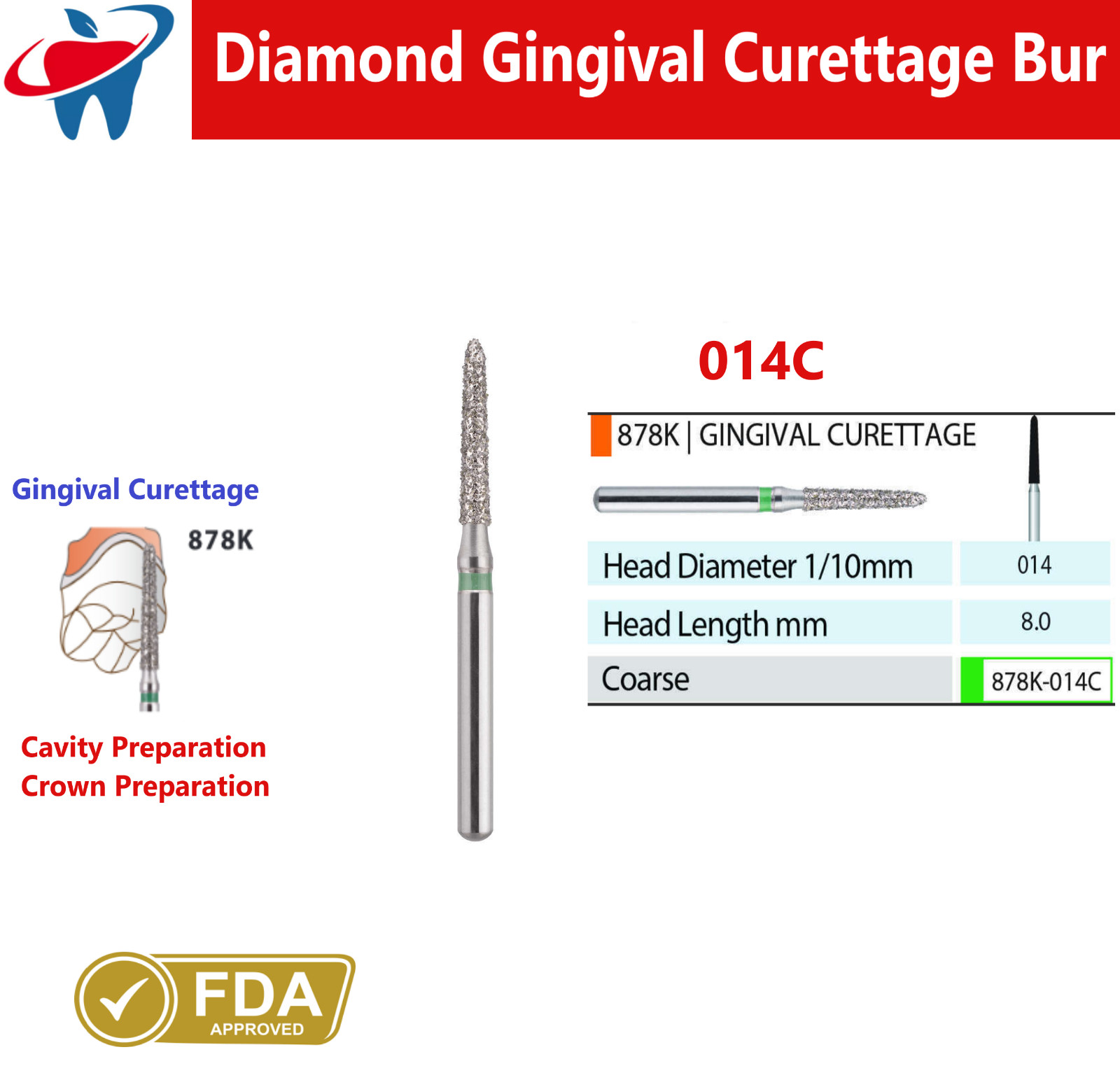 Dental Burs Diamond FG High Speed Gingival Curettage Bur 878K Coarse 014C, 016C