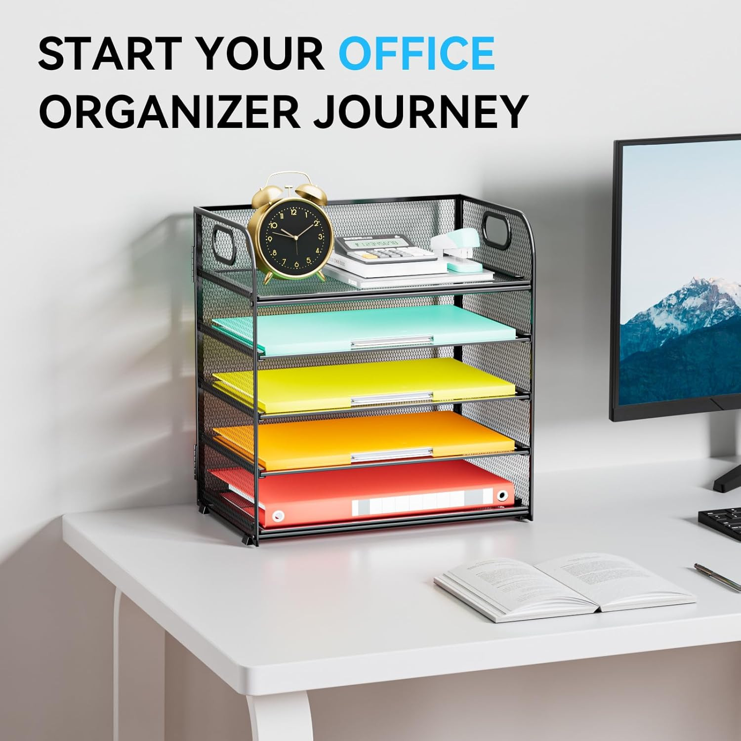 Paper Organizer Letter Tray with Handle, 5-Tier Black | Stackable Desk Organizer