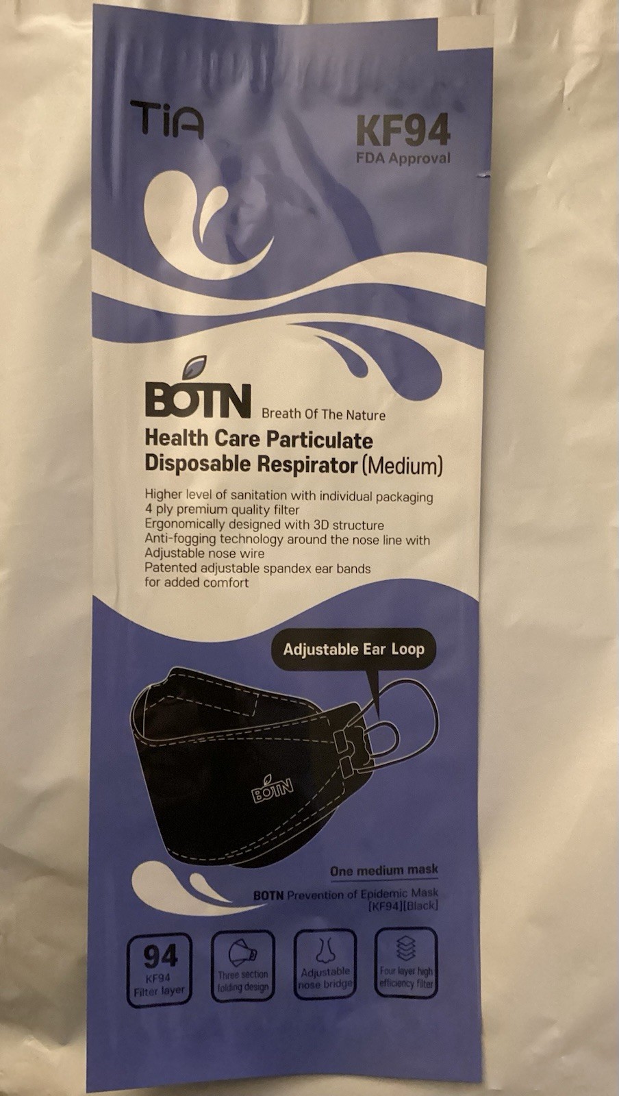 15PCS – KF94-BLACK Protective Face Mask MEDIUM – Certified BOTN