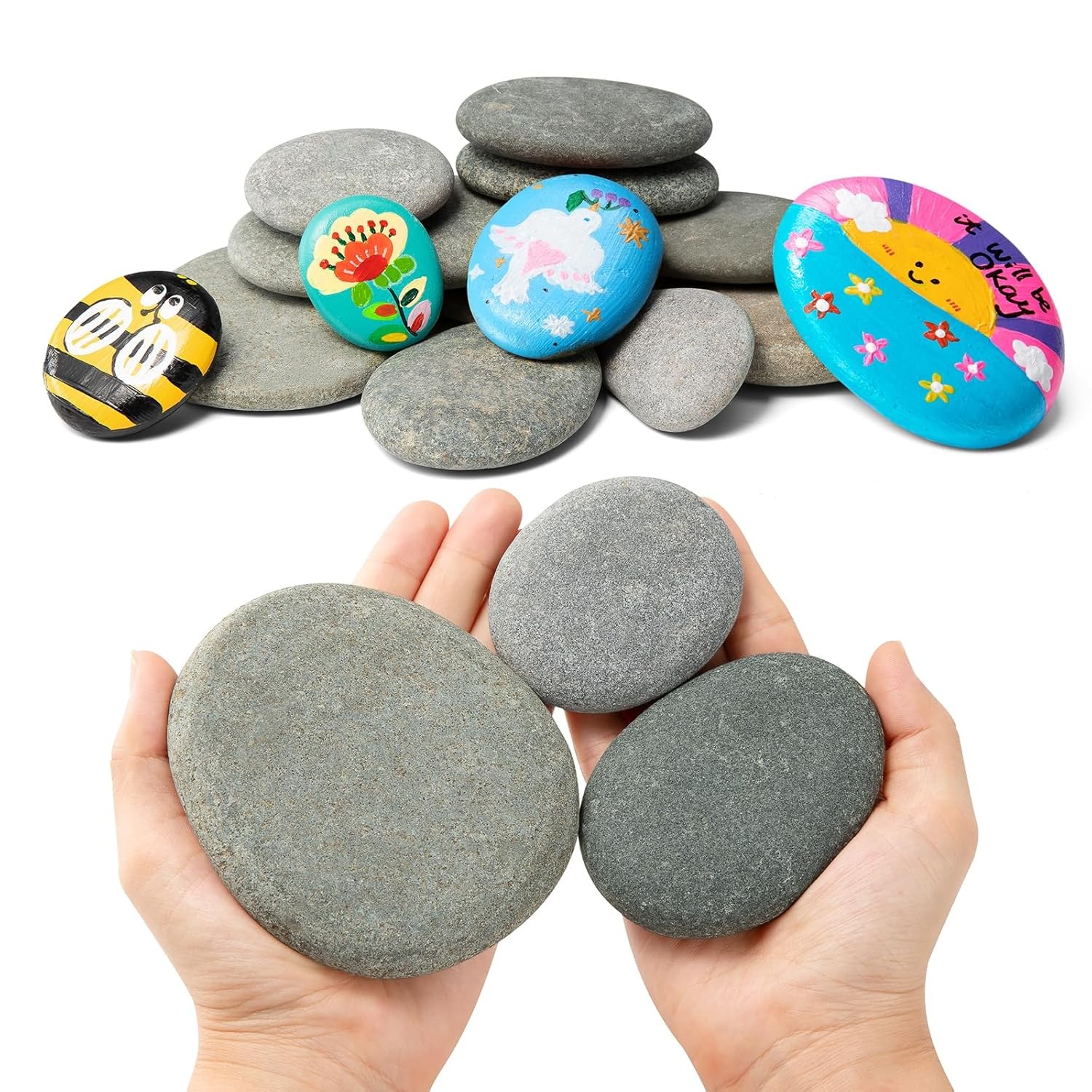 15pcs Rocks for Painting, 5pcs of Each 2-3in, 3-4in, 4-5in, Flat & Smooth Riv…