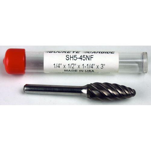 Carbide Burr (SH5-45NF) Flame Shape – Fast Spiral Cut – 1/4 x 1/2 x 1 1/4 x 3