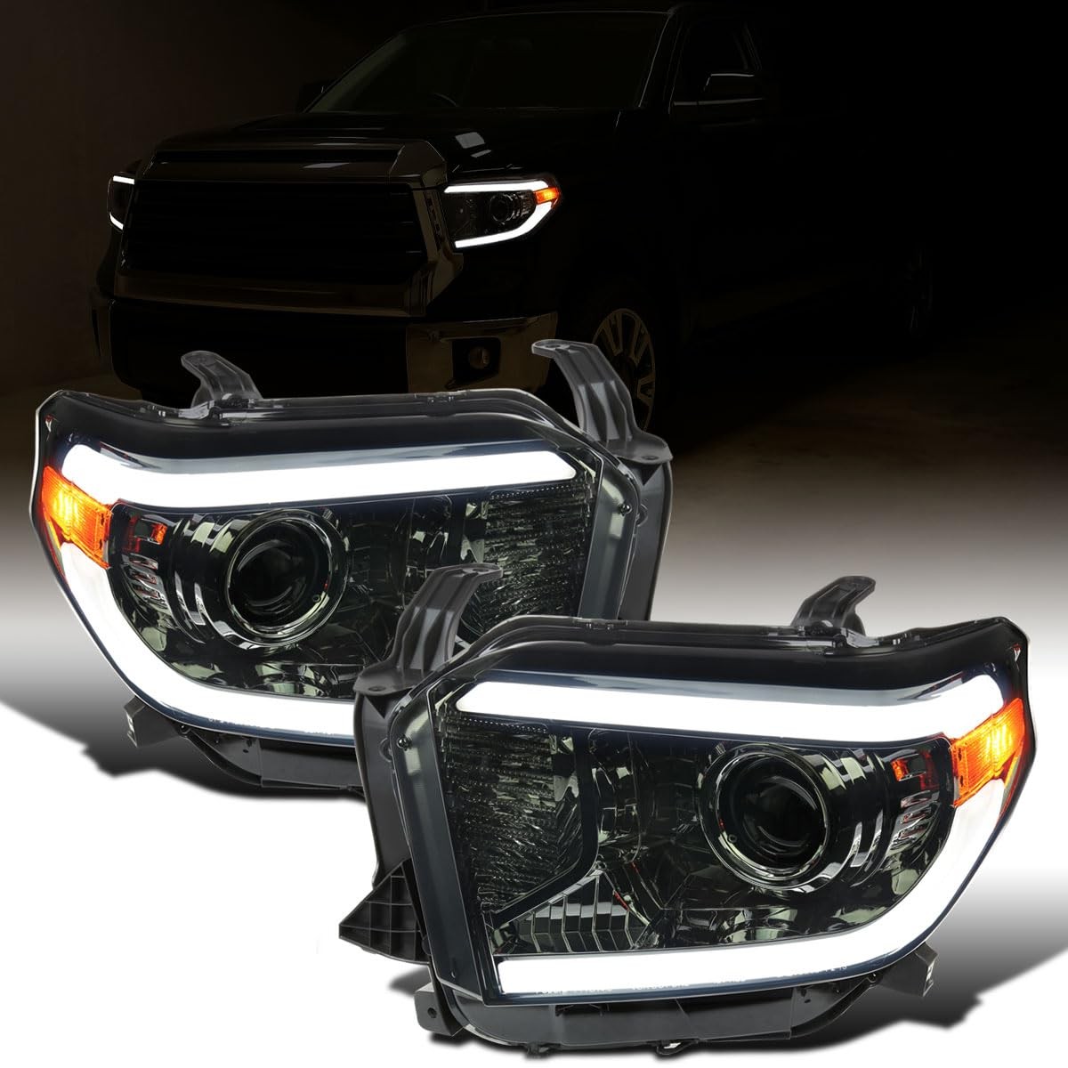 2014-2021 Toyota Tundra LED Tube DRL Halogen Projector Headlights Pair Smoke