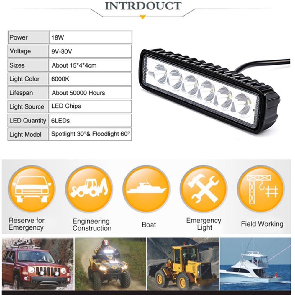 18W 6LED Work Light Bar Flood Spot Offroad Fog Lamp For 4WD SUV Truck