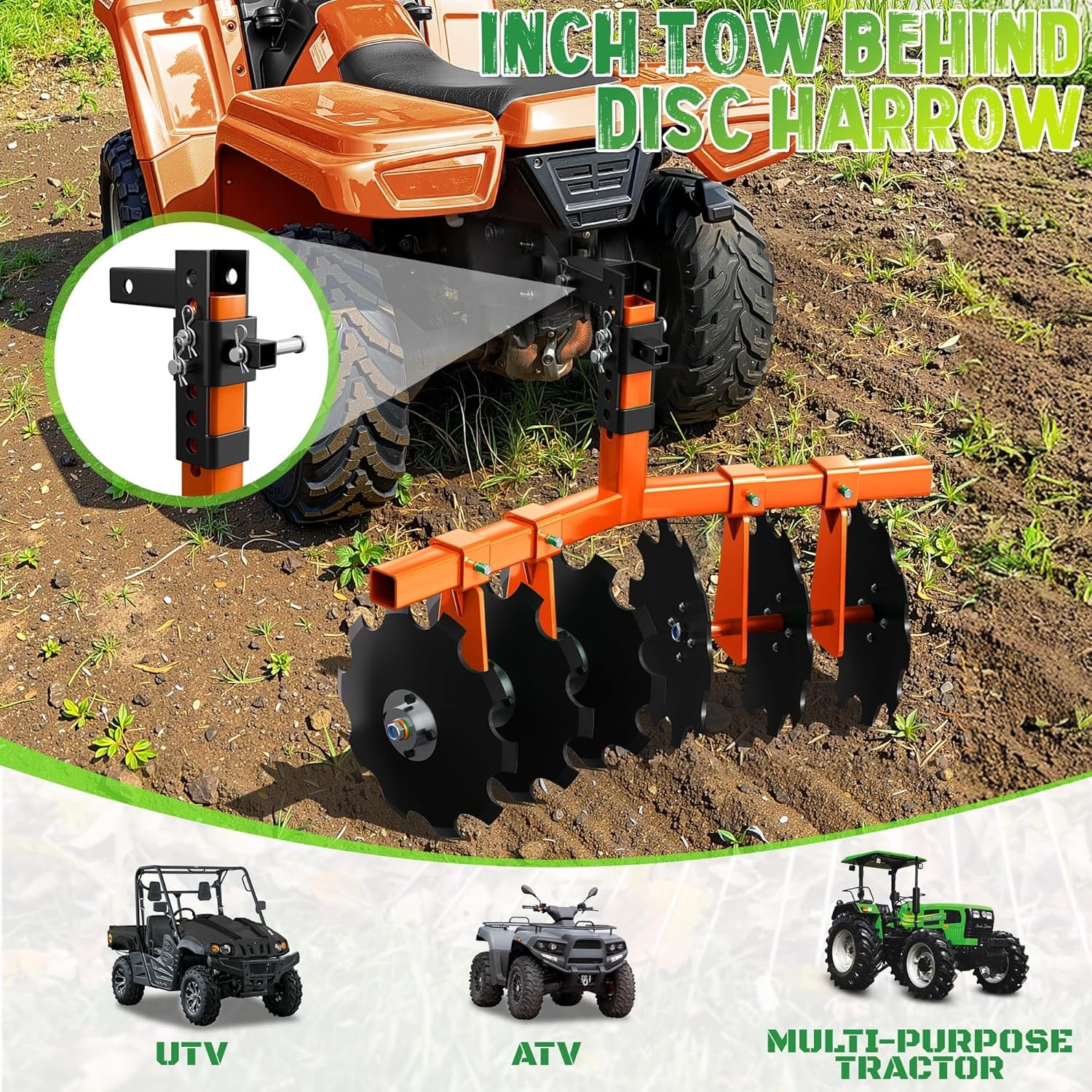 28″ Tractor Disc Plow Harrow with 2″ Receiver, Pull behind Tiller for ATV Orange