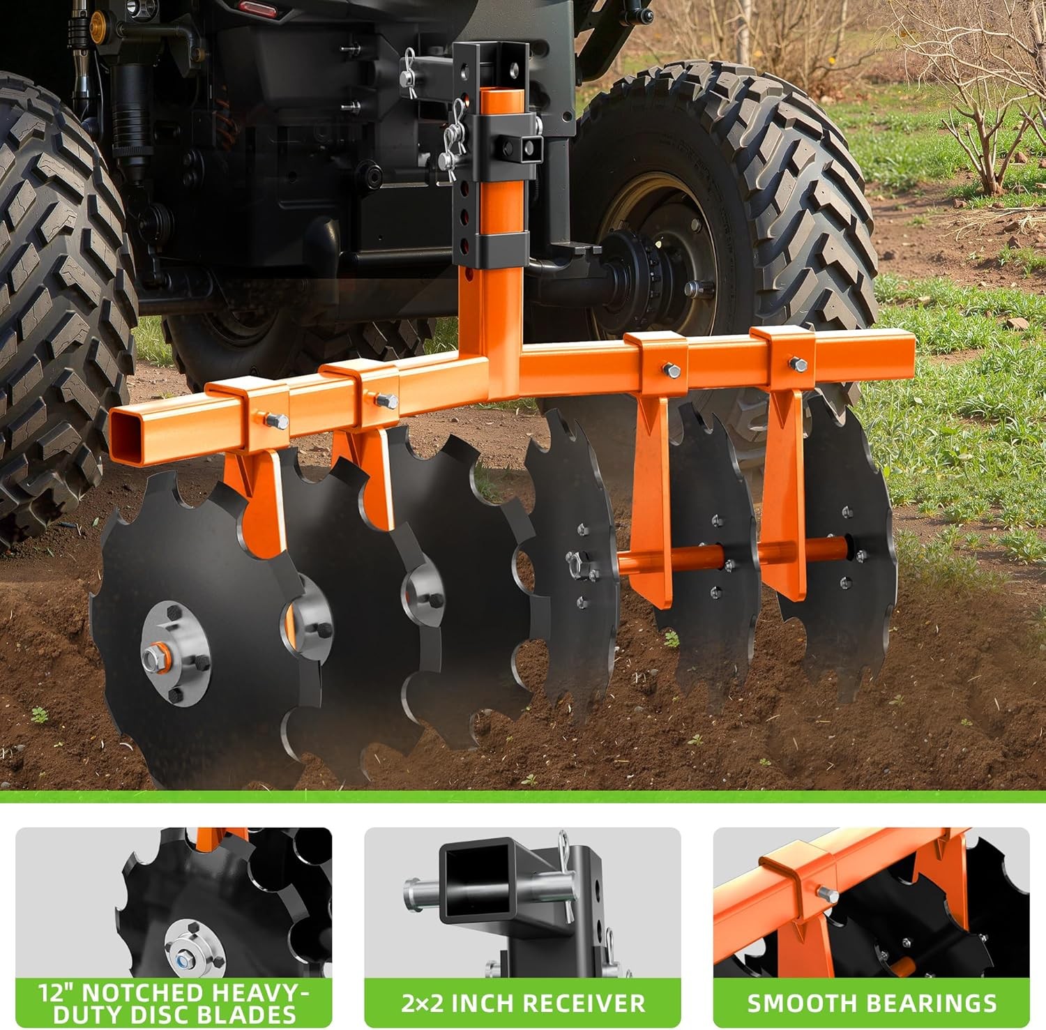 28″ Tractor Disc Plow Harrow with 2″ Receiver, Pull behind Tiller for ATV Orange