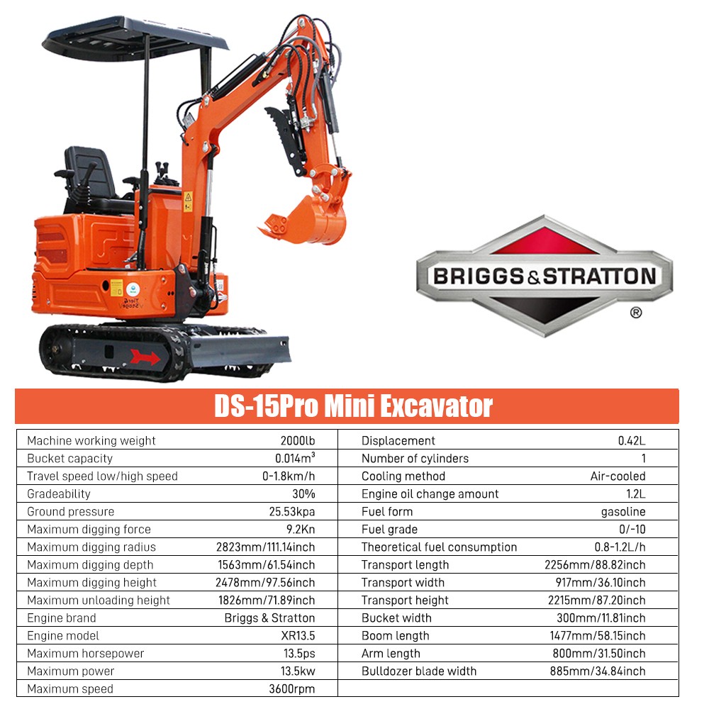 FREE SHIP 1Ton Mini Excavator B&S 13.5HP Crawler Hydraulic Digger + Attachment