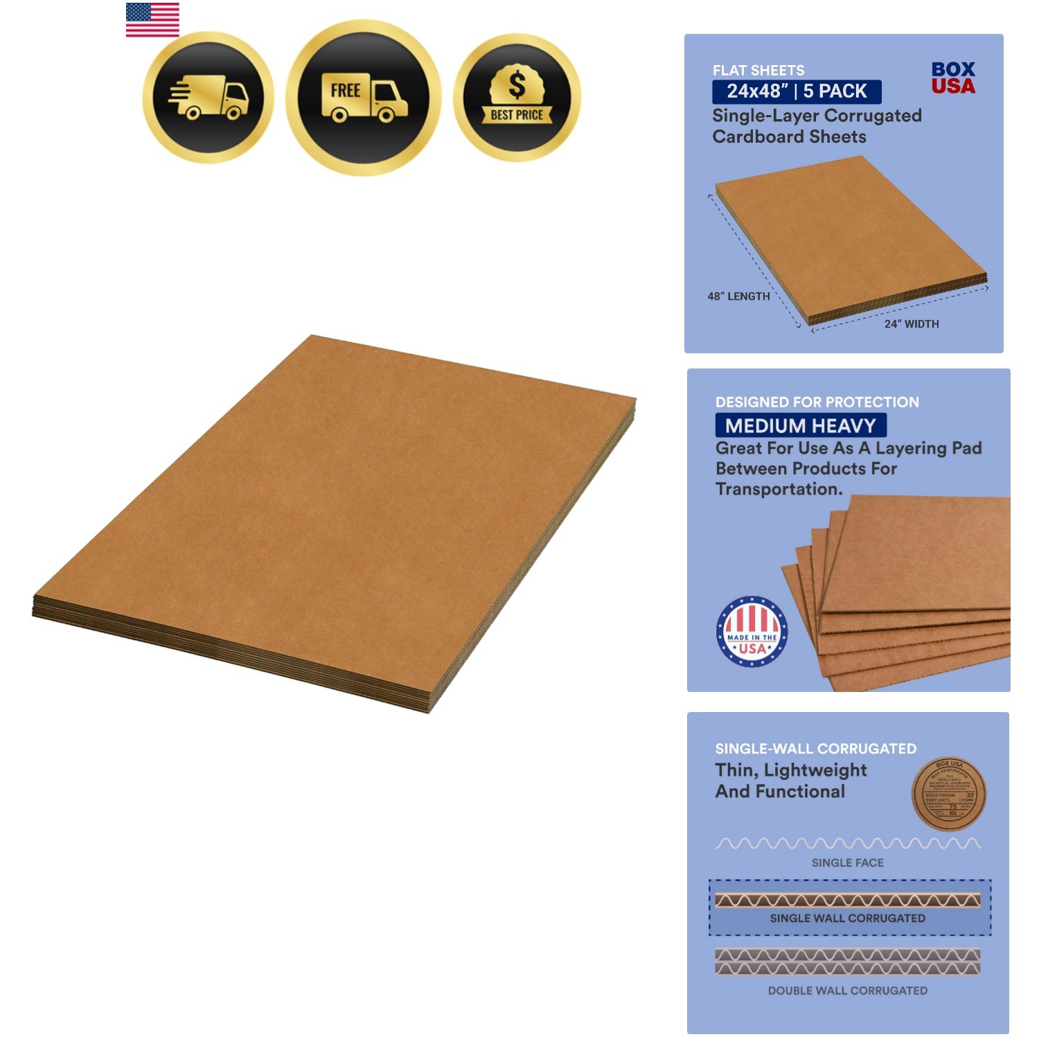 Double Wall Corrugated Cardboard Sheets, 24″ x 48″, Kraft Pack of 5,