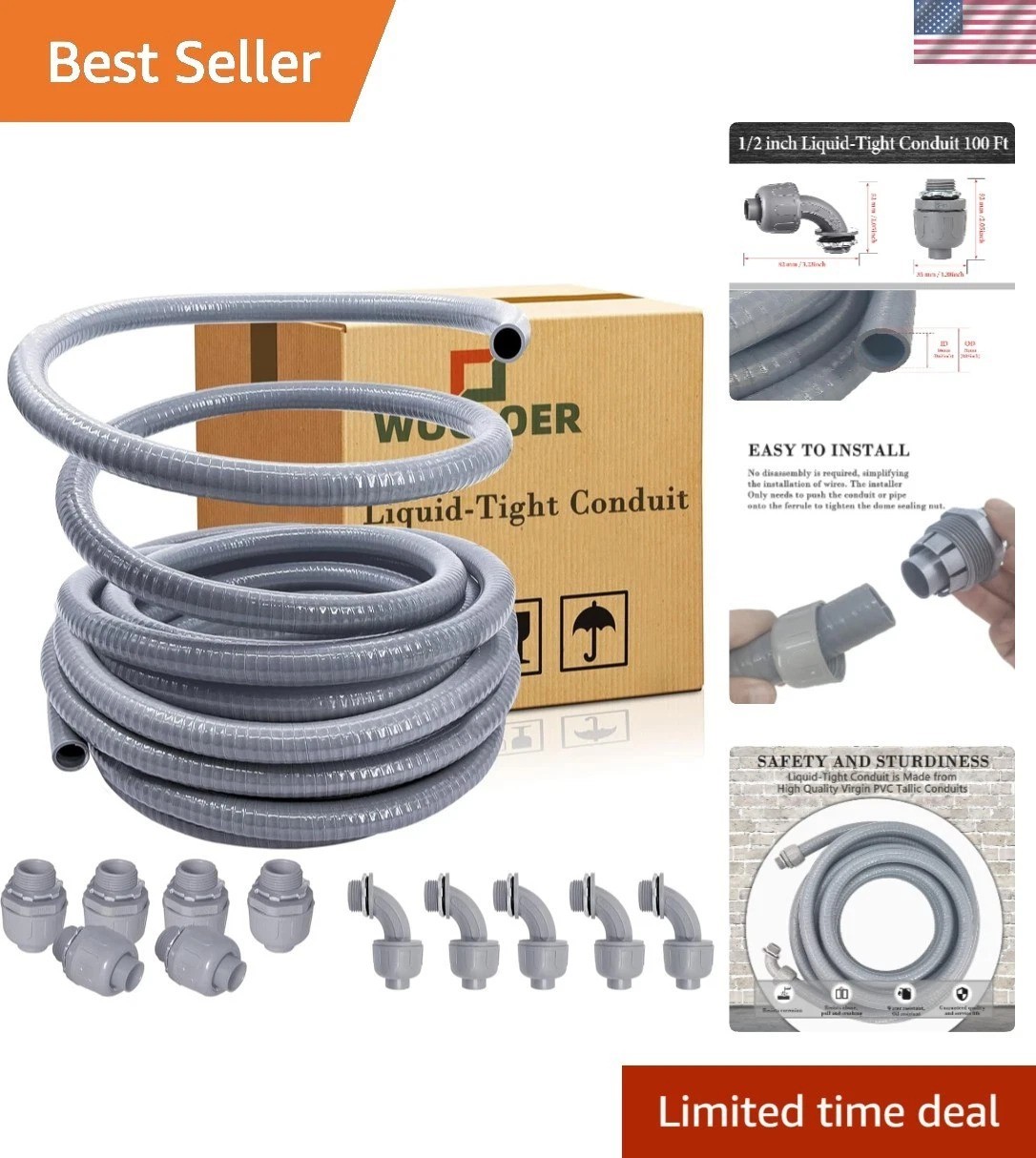 Durable 100ft Liquid-tight Conduit 1/2″ Dia – Easy Installation, UV Resistant