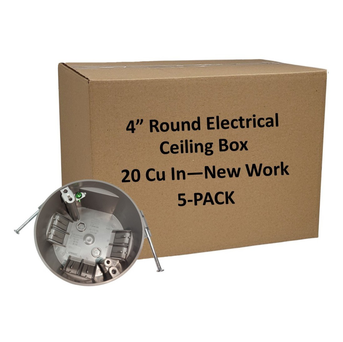 5-Pack- 4 inch Round Ceiling Box w/Grounding 20 Cu In ETL Certified Gray Plastic