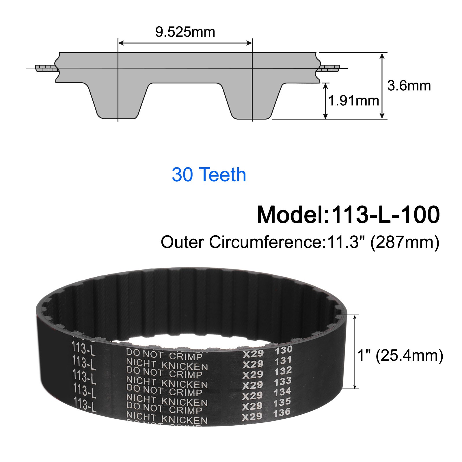 Timing belt for 113-L-100, 28.7 cm x 2.5 cm, 30 teeth