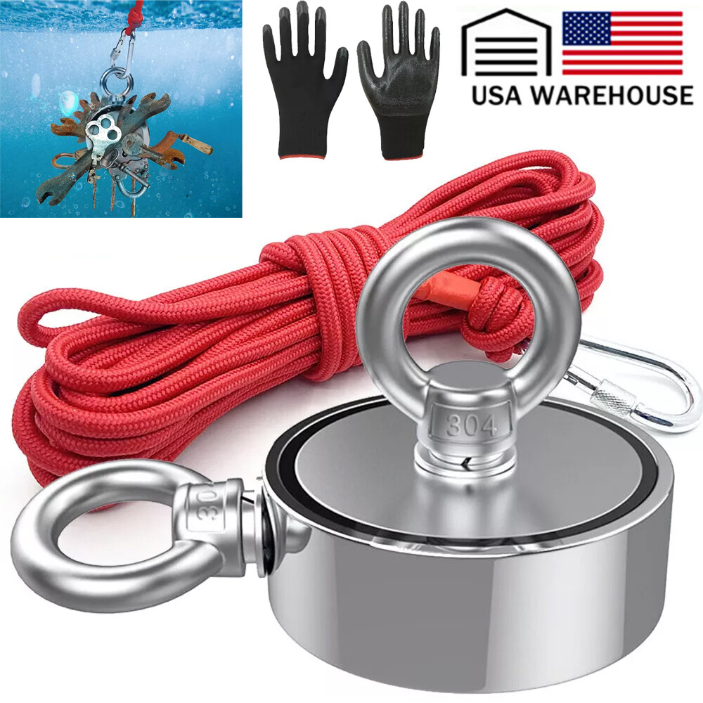 Up to 2000 Lbs Fishing Magnet Kit Pull Force Strong Neodymium + Carabiner + Rope
