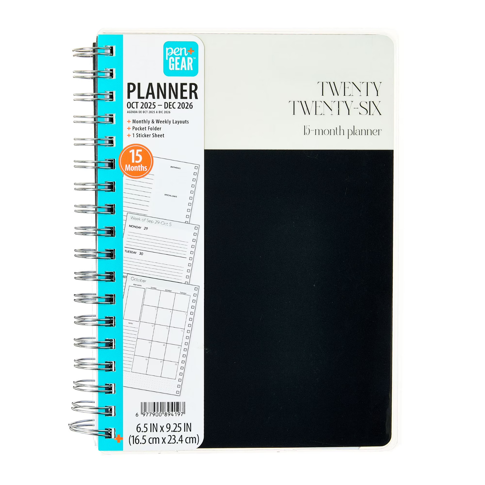 Pen+Gear 15-Month Weekly Planner 6.5″x9.25″ Black & White Oct 2025–Dec 2026