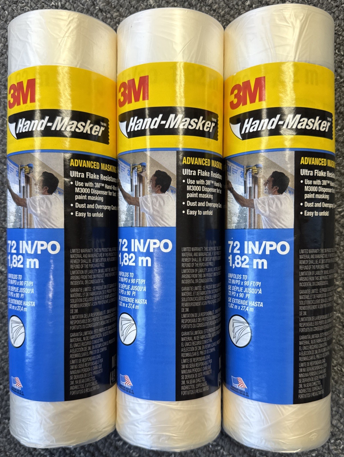 LOT OF 3 3M AMF72 Hand Masker Advanced Painting Film, 72in x 90ft (540 sq ft)