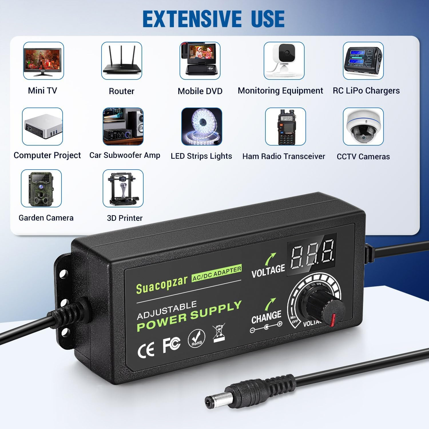 60W Power Supply Adjustable DC 3V ~ 12V 5A, Variable Universal Switching AC/DC A