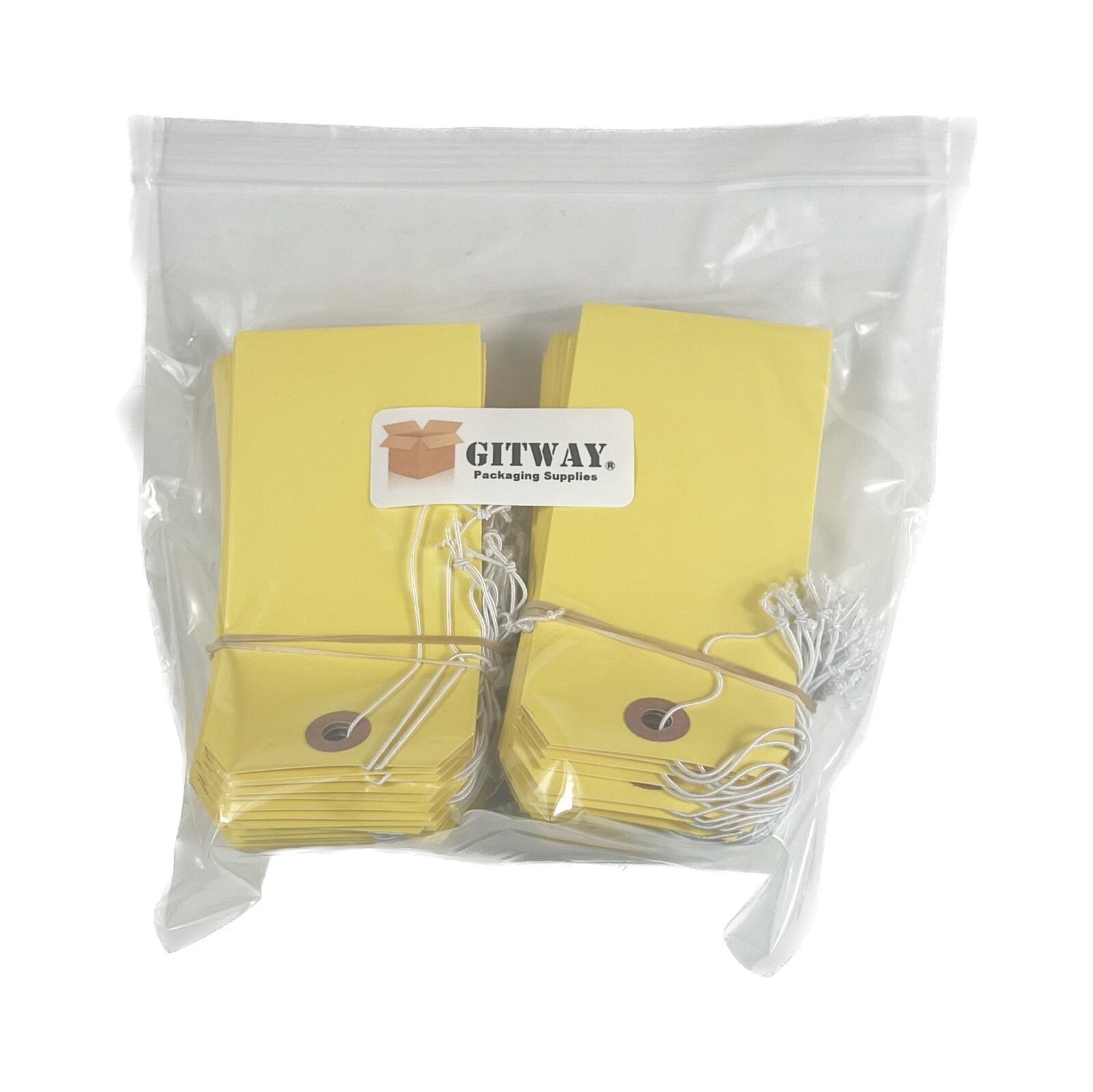 100 of 4 3/4″ x 2 3/8″ Yellow Inventory Tags with ELASTIC Stretchable String