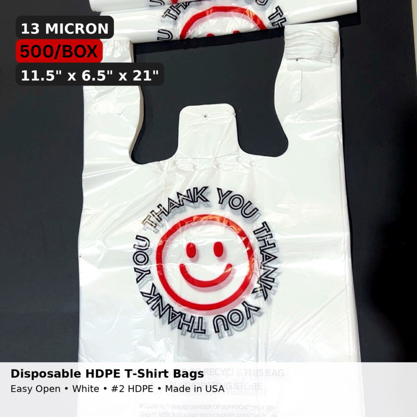 Thank You T-Shirt Plastic Bags Easy Open 13 Micron White HDPE 500/Box USA