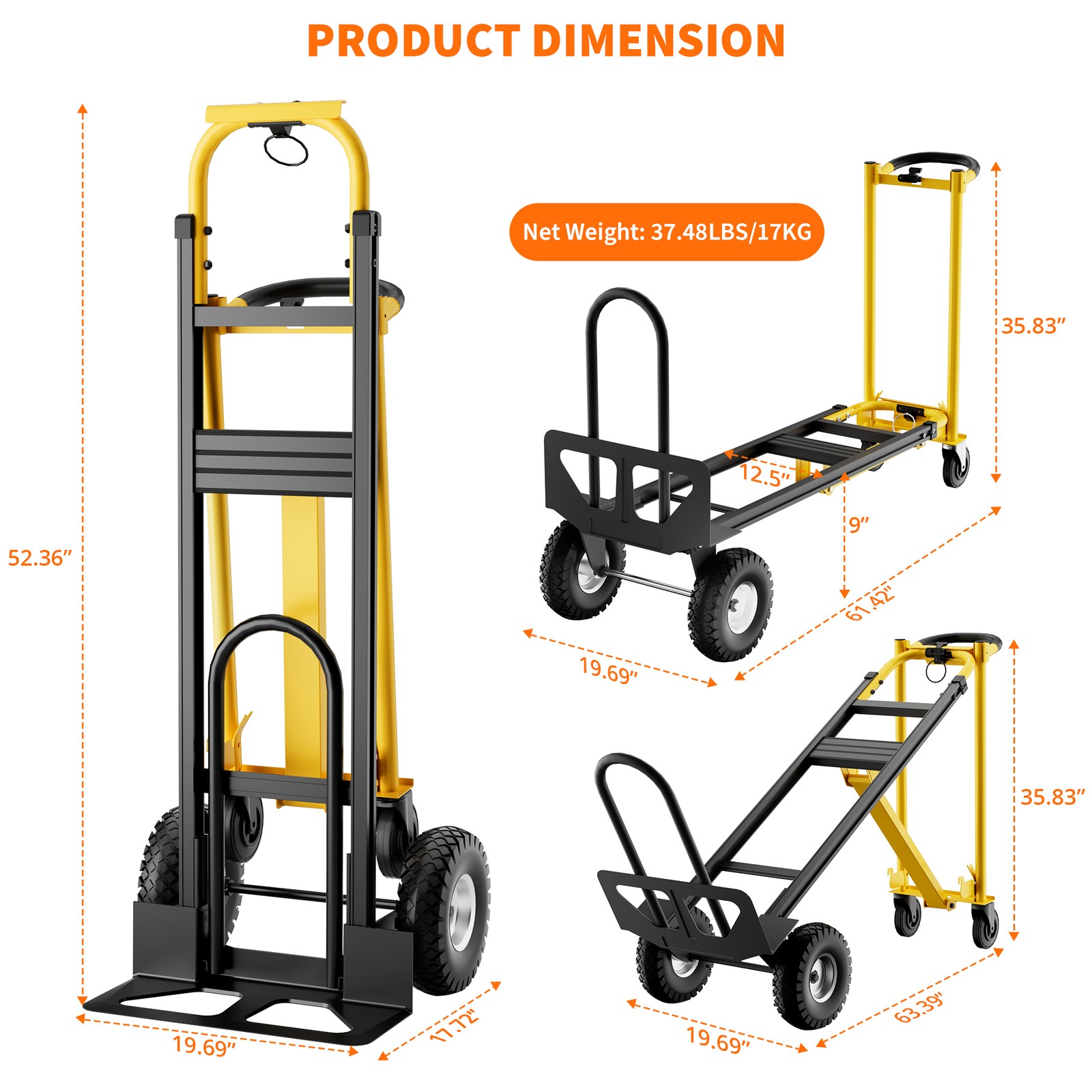 Garvee 800Lbs Convertible Hand Truck Dolly 3-in-1 Foldable Steel Cart Moving