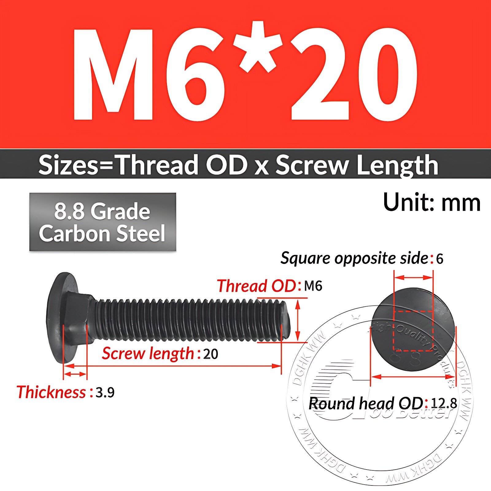 M6 M8 M10 M12 – M24 8.8 Grade Steel Carriage Bolts Cup Square Dome Screws Black