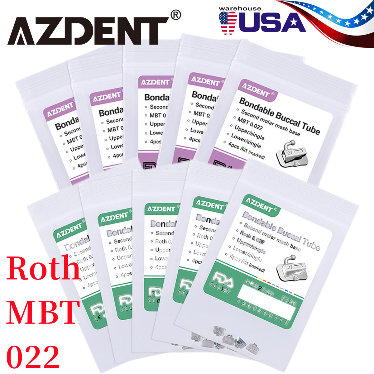 AZDENT Dental Ortho Bondable Buccal Tube 2nd Molar Roth/MBT 022 Non-Convertible